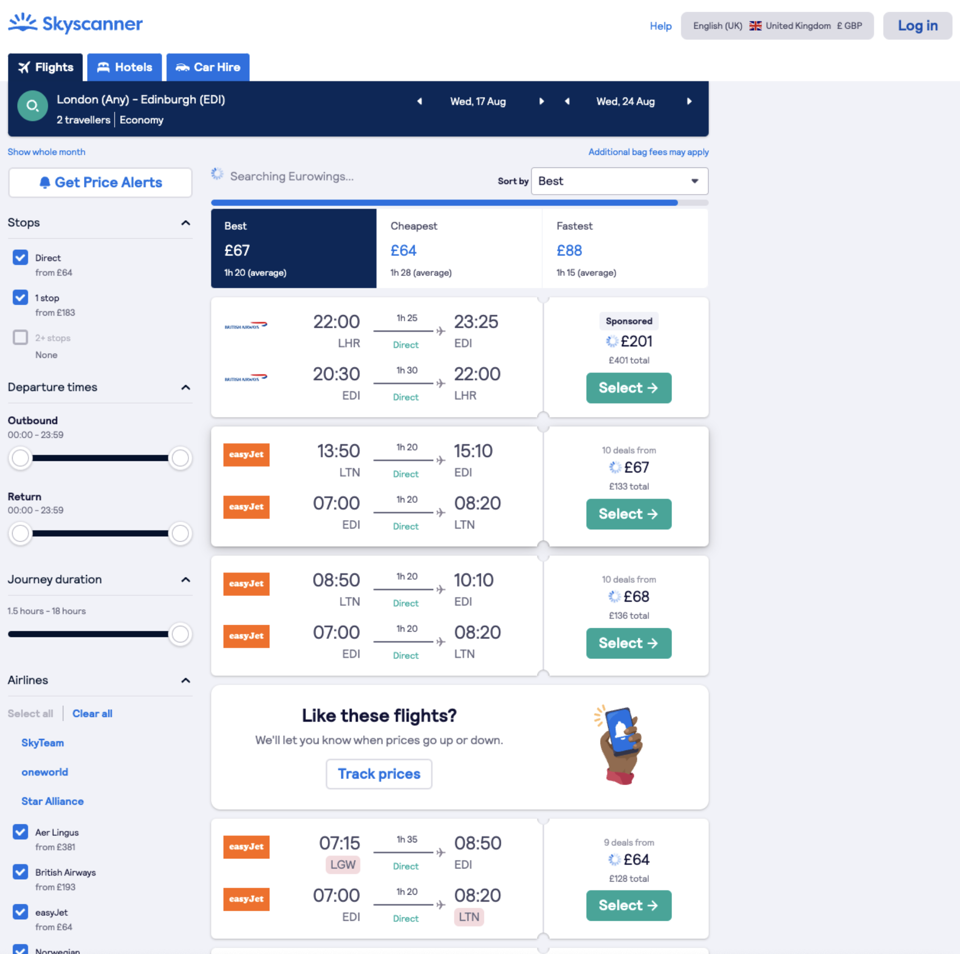 Skyscanner flight search results page